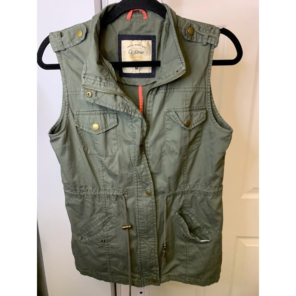 Ci Sono Womens Olive Green Utility Military Vest Jacket Cargo Pockets Size M
